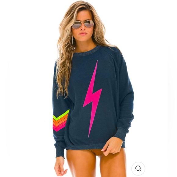 Aviator Nation Tops - Aviator Nation - Bolt Stitch Chevron 5 Crew Sweatshirt in Heather Navy/Neon